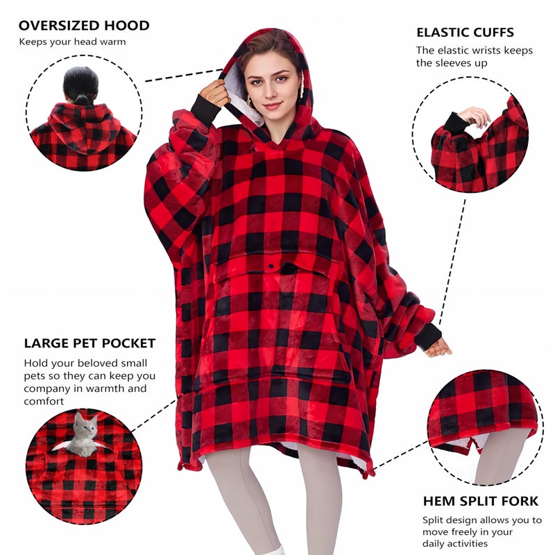 Solaris Oversized Wearable Blanket Hoodie with Pet Pocket, Warm Super Soft Cozy Sherpa Sweatshirt Hoodie for Women Men, Best Gift for Your Loves, Red Plaid - Image 2